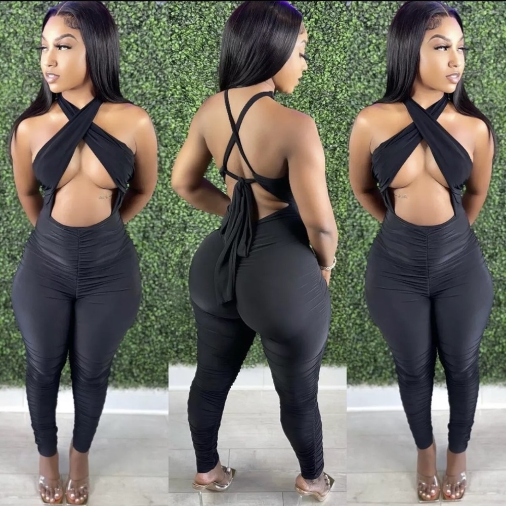 Womens Silky Criss Cross Black jumpsuit